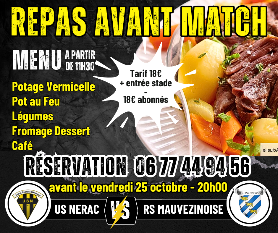 REPAS AVANT MATCH DIMANCHE 27 OCTOBRE